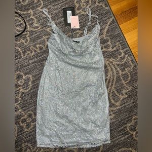 Pretty little thing silver cowl neck sparkly dress
